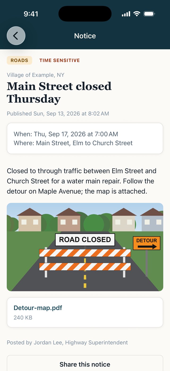A road closure notice from the Village of Example with a photo of a Road Closed barrier and an attached detour map, a PDF of 240 KB.