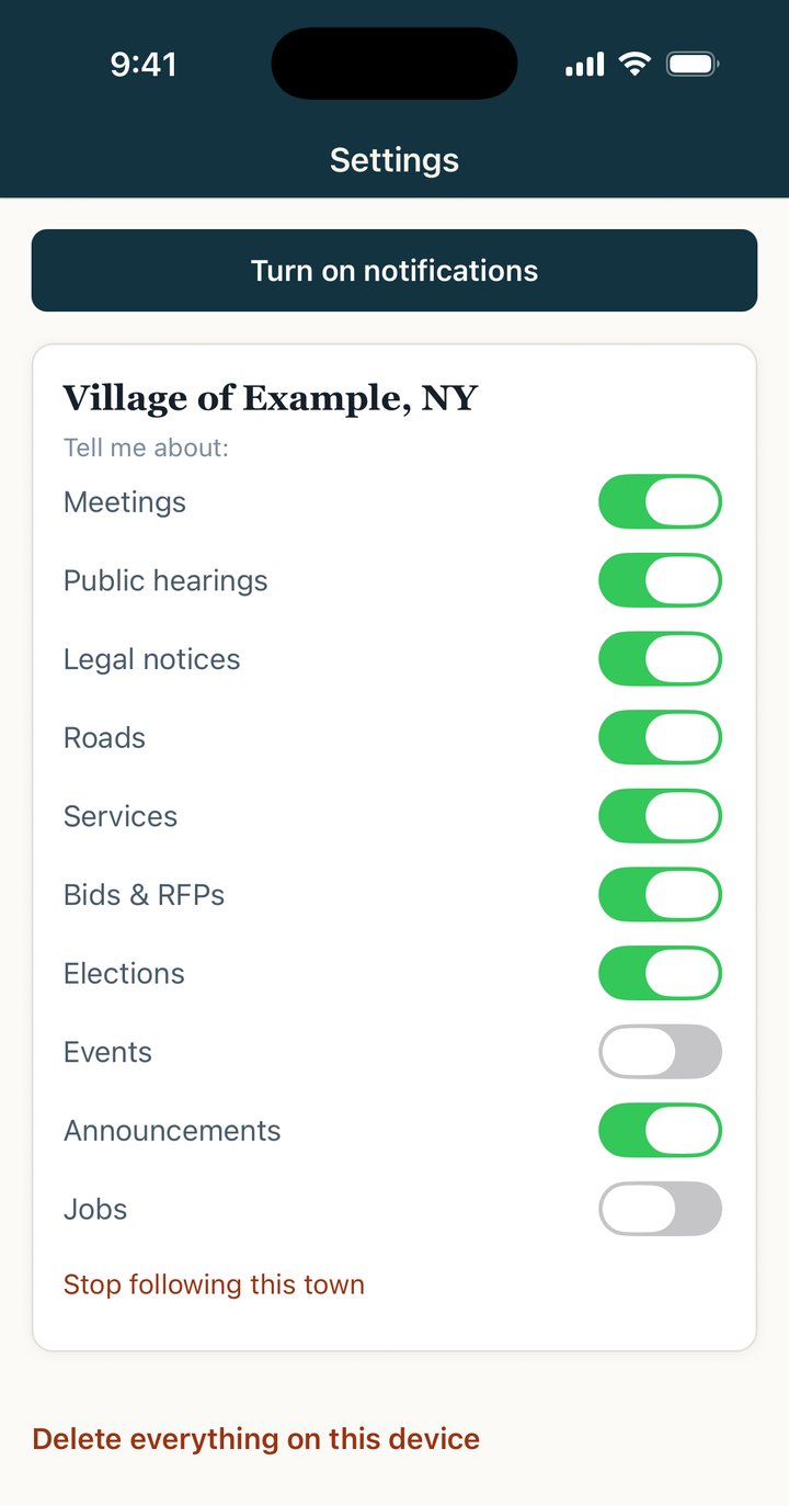 Towncrier settings for the Village of Example with Events and Jobs switched off and the other notice categories switched on.