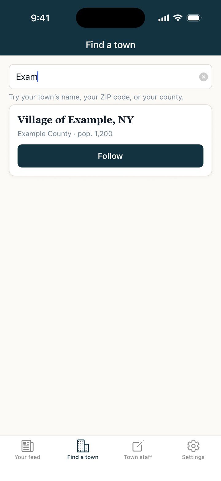 Towncrier’s Find a town screen with “Exam” typed in the search box and one match: the Village of Example, NY, in Example County, with a Follow button.