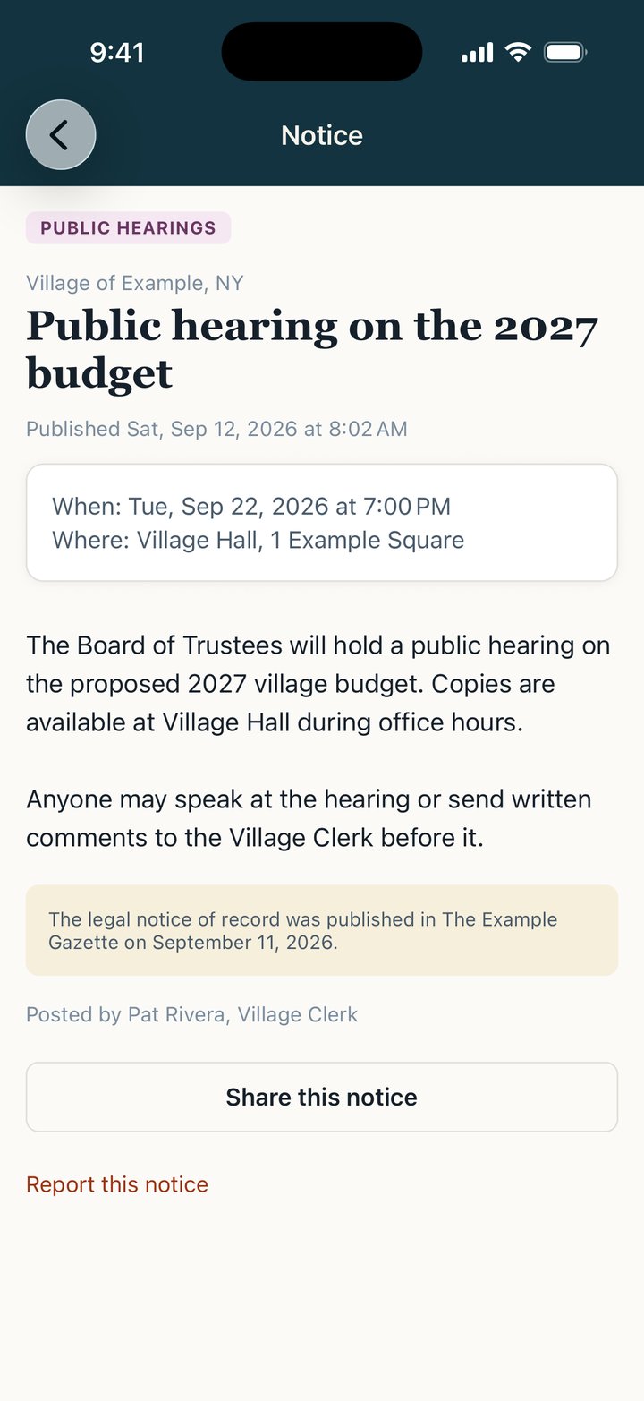 A public hearing notice from the Village of Example in Towncrier: its category, title, publication date, when and where the hearing is held, the text, where the legal notice of record ran, who posted it, a Share this notice button and a Report this notice link.