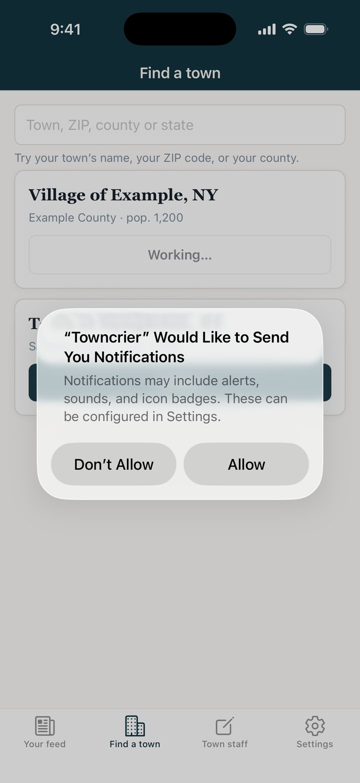 An iPhone asking whether Towncrier may send notifications, with Don’t Allow and Allow buttons, shown after tapping Follow on the Village of Example.