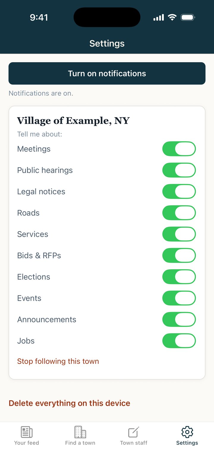 Towncrier settings reading “Notifications are on.” under the Turn on notifications button, with all ten notice categories switched on for the Village of Example.