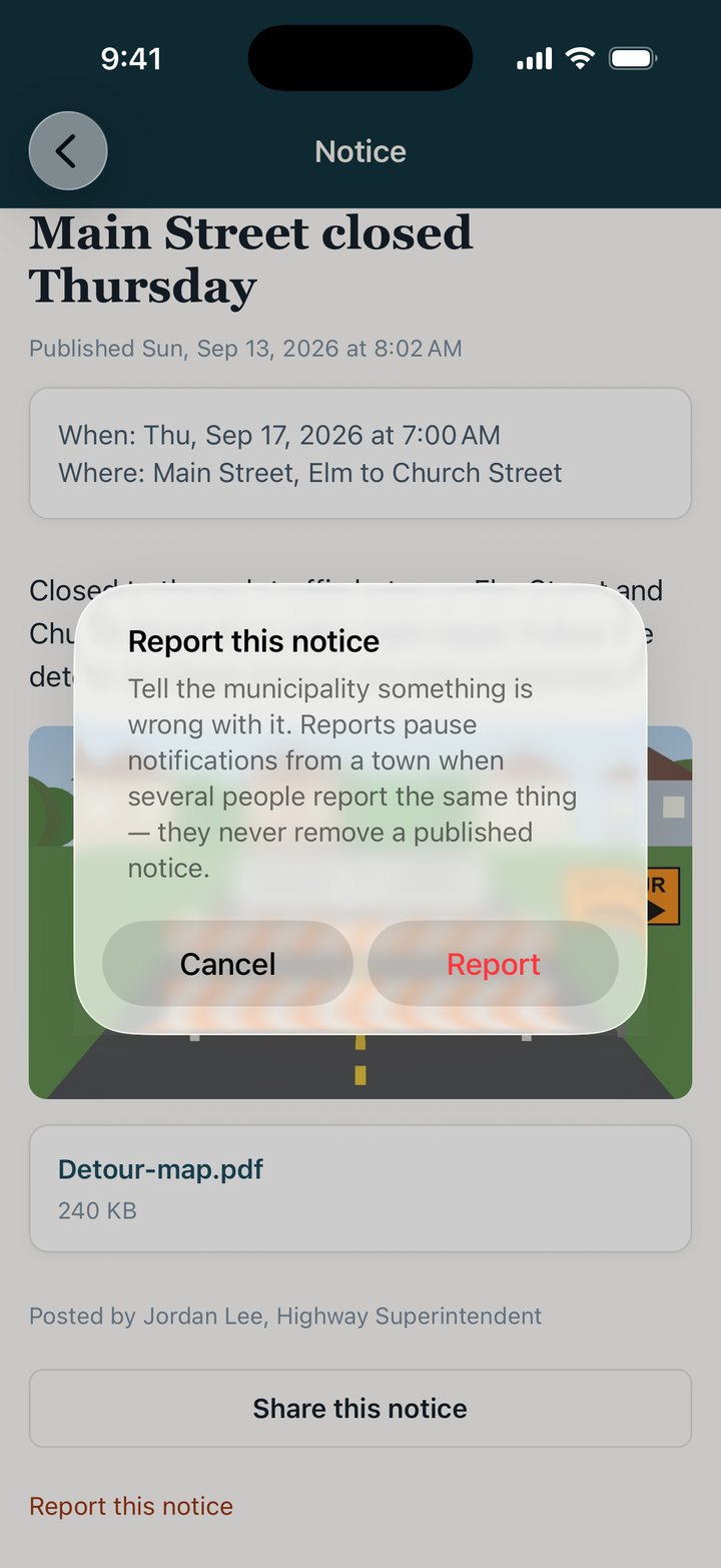 The Report this notice box, which explains that reports pause notifications when several people report the same thing and never remove a published notice, with Cancel and Report buttons.
