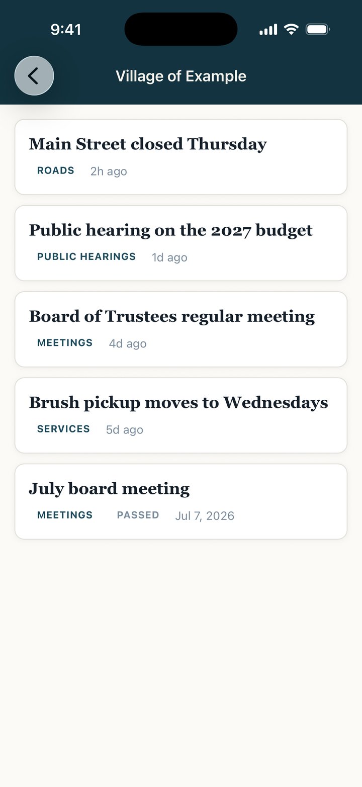 Every notice from the Village of Example in the app, newest first, including a July board meeting marked Passed.
