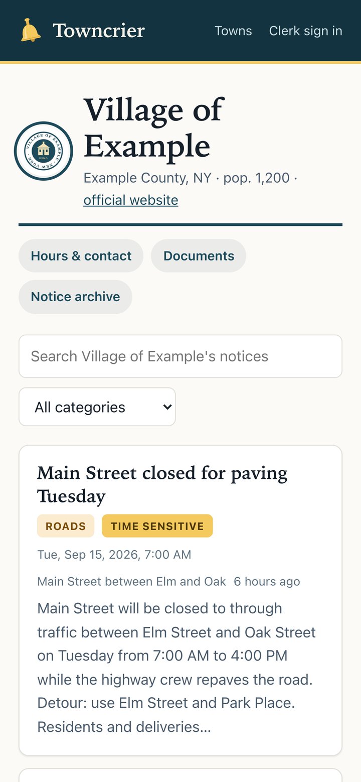 The Village of Example’s page on the Towncrier website in a phone’s browser, with Hours & contact, Documents and Notice archive buttons, a search box, a category menu and a road closure notice.